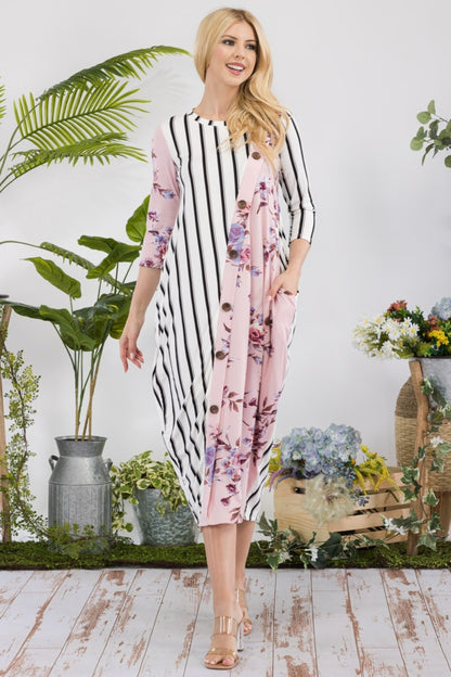 Celeste Full Size Floral Striped Contrast Midi-Dress with Pockets - UrbanEthereal