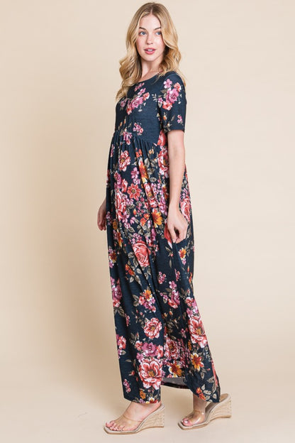 BOMBOM Floral Short Sleeve Maxi Dress - UrbanEthereal