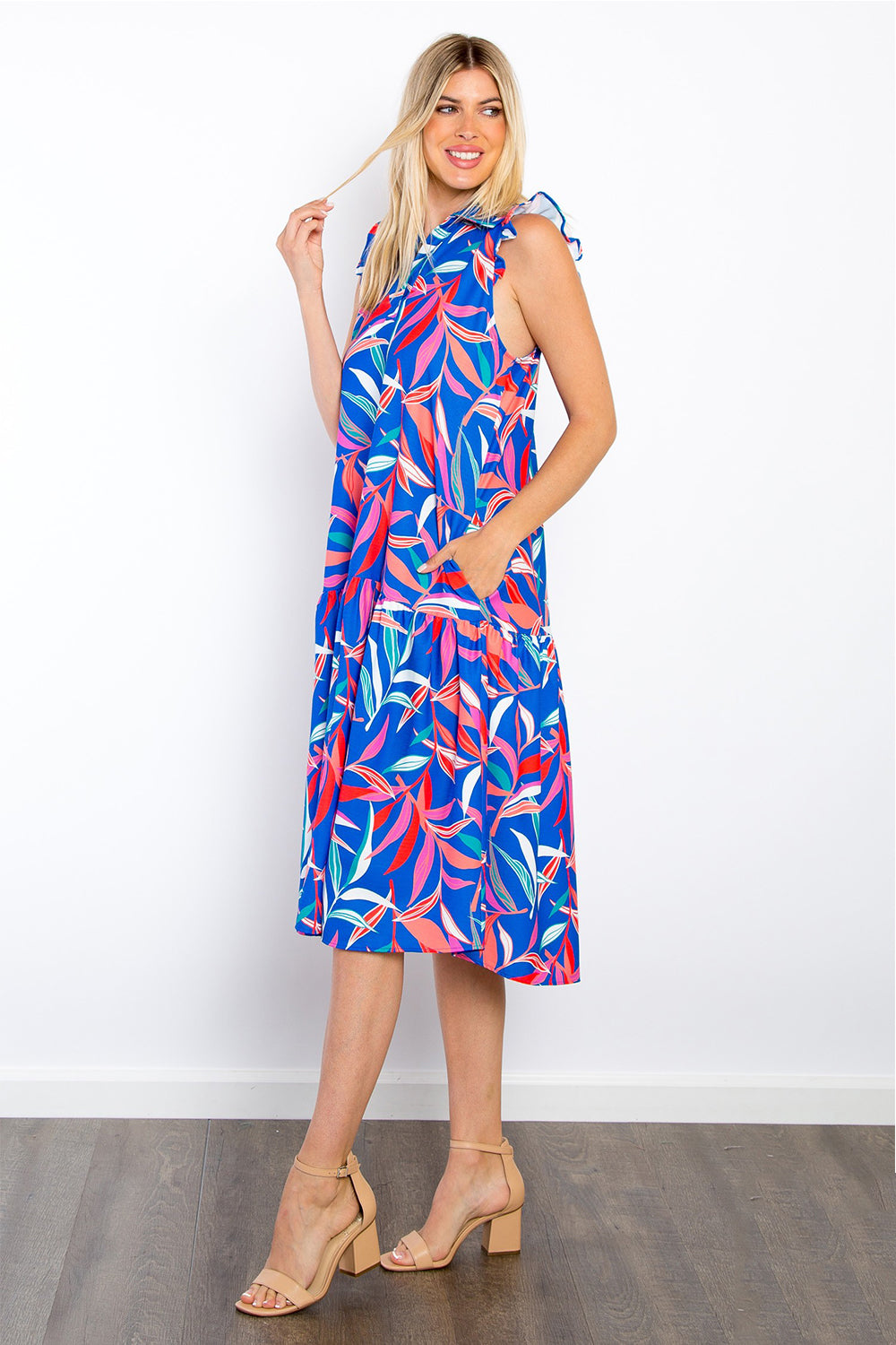 Be Stage Print Ruffled Midi Dress with Pockets - UrbanEthereal