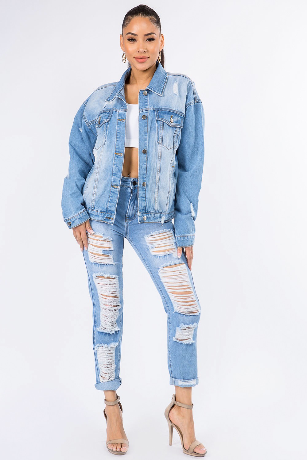 American Bazi Graphic Distressed Long Sleeve Denim Jacket - UrbanEthereal