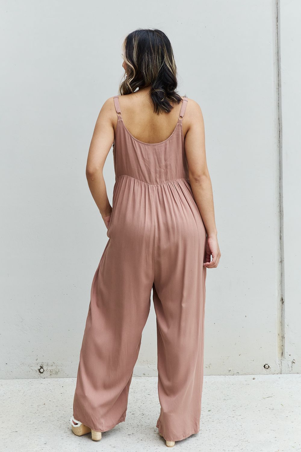 HEYSON All Day Full Size Wide Leg Button Down Jumpsuit in Mocha - UrbanEthereal