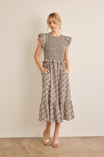 In February Floral Smocked Ruffled Midi Dress - UrbanEthereal