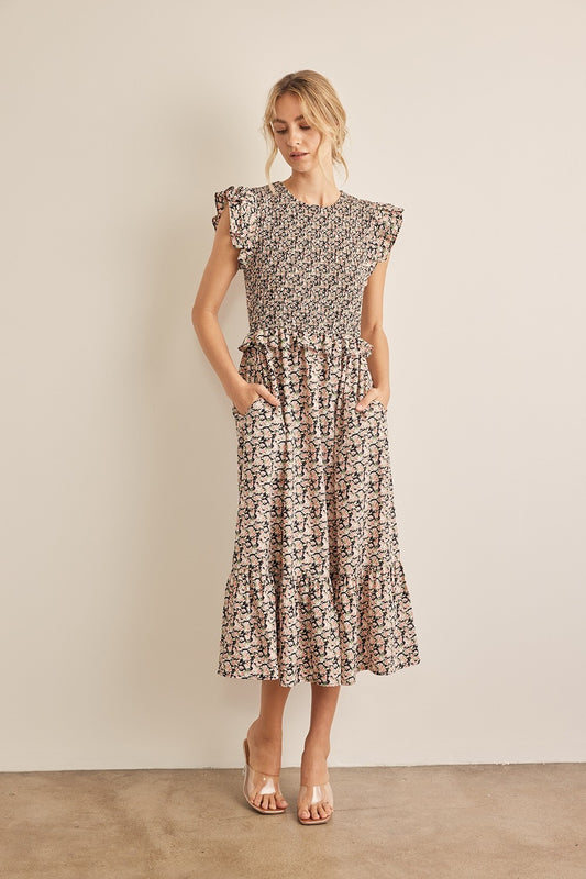 In February Floral Smocked Ruffled Midi Dress - UrbanEthereal