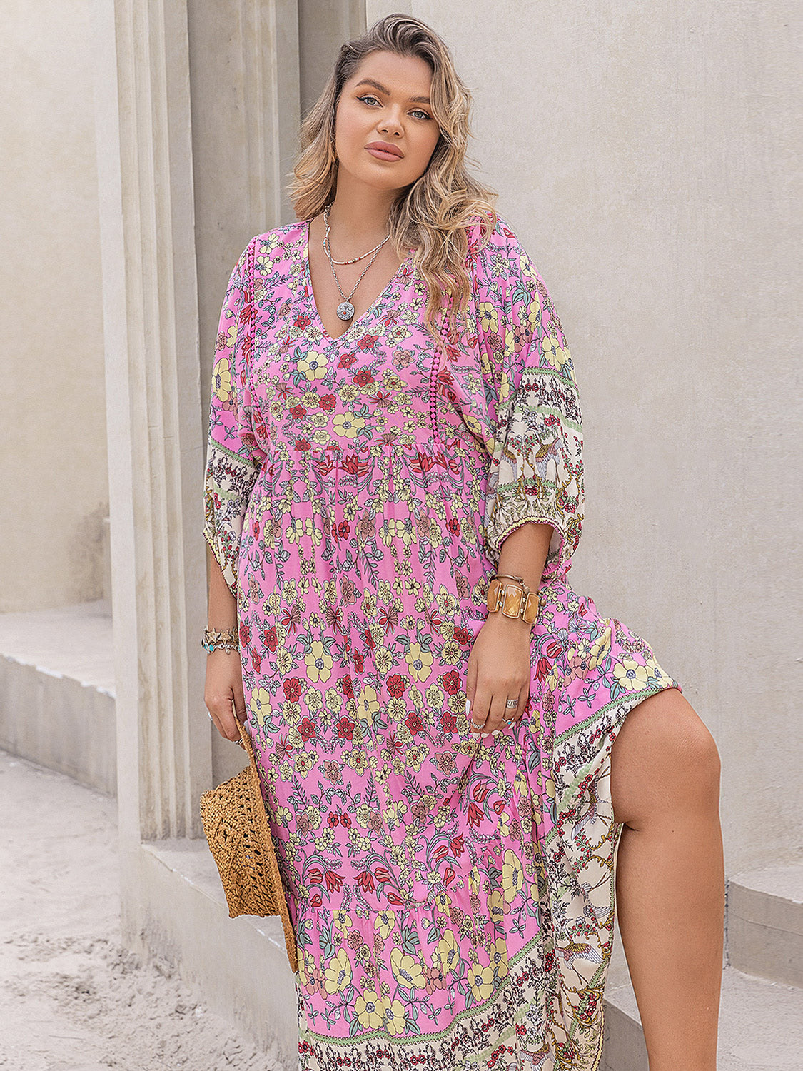 Plus Size Floral V-Neck Balloon Sleeve Midi Dress