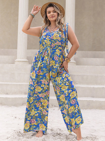 Plus Size Printed V-Neck Wide Leg Jumpsuit - UrbanEthereal