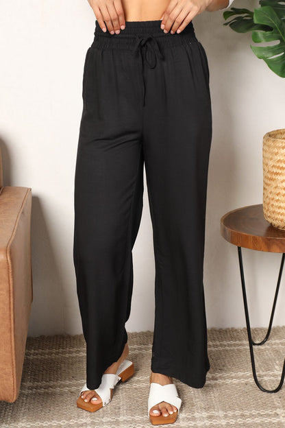 Double Take Drawstring Smocked Waist Wide Leg Pants - UrbanEthereal