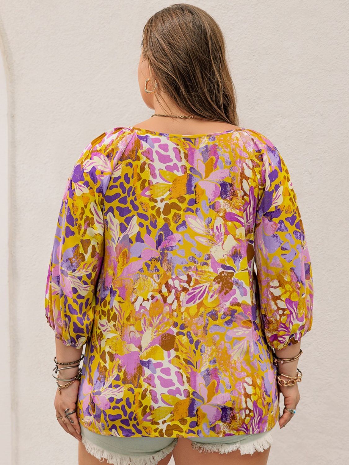 Plus Size Printed Tie Neck Blouse - UrbanEthereal