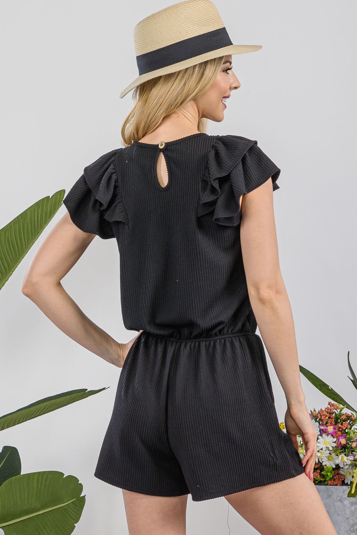 Celeste Full Size V-Neck Ruffled Ribbed Romper - UrbanEthereal