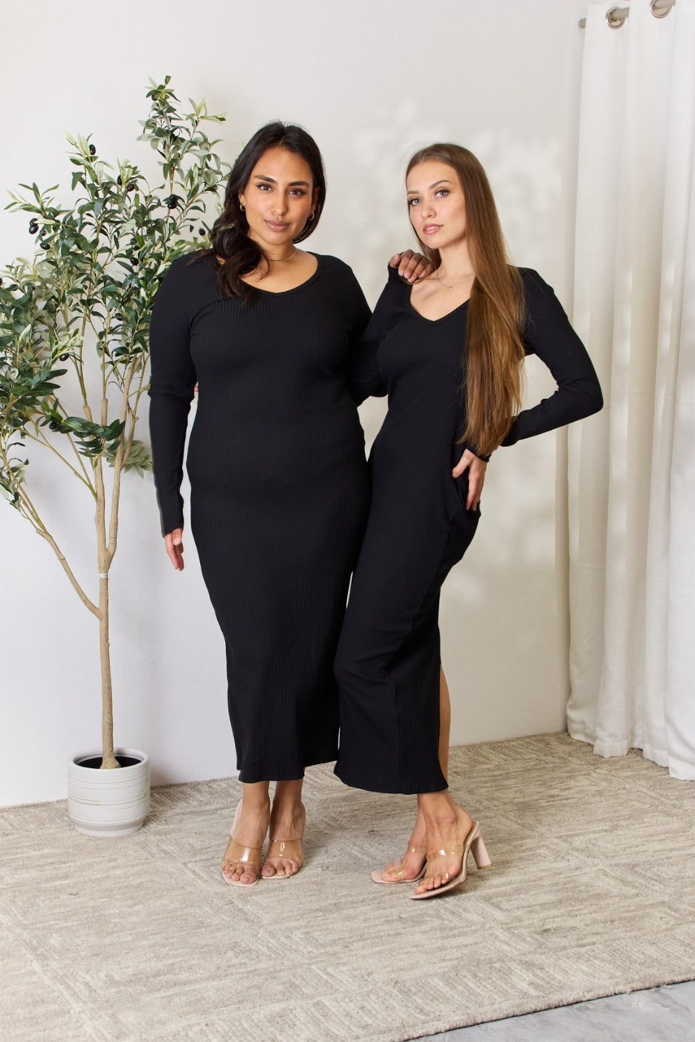 Culture Code Full Size Ribbed Long Sleeve Midi Slit Dress - UrbanEthereal