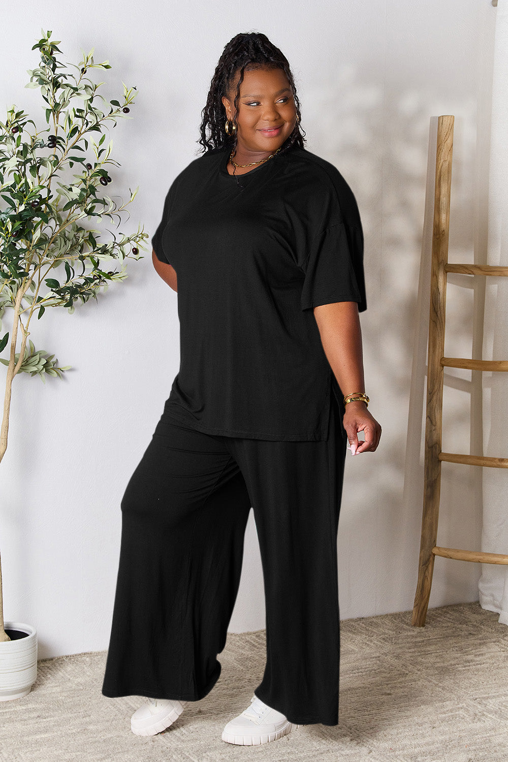 Double Take Full Size Round Neck Slit Top and Pants Set - UrbanEthereal