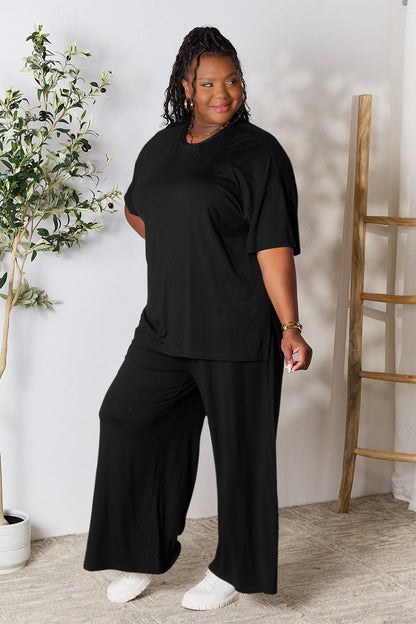 Double Take Full Size Round Neck Slit Top and Pants Set - UrbanEthereal