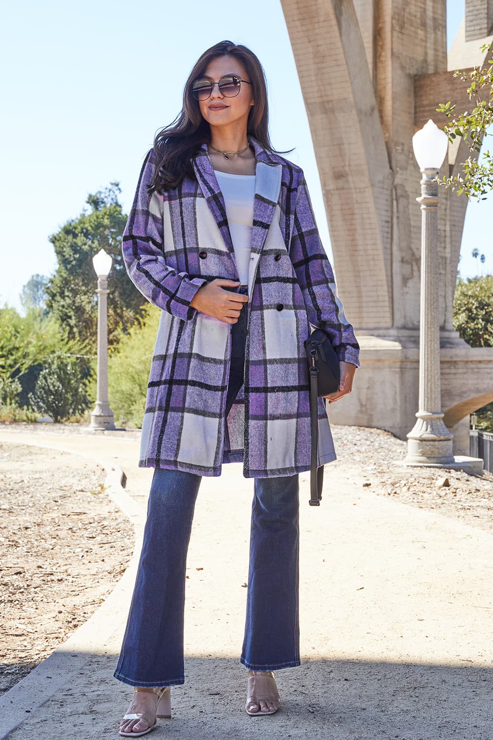 Double Take Full Size Plaid Button Up Lapel Collar Coat - UrbanEthereal