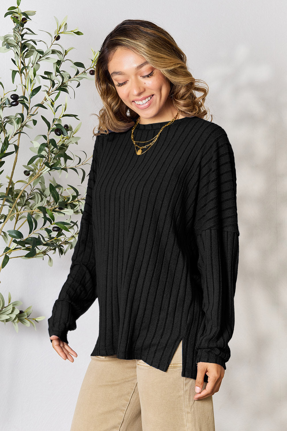 Basic Bae Full Size Ribbed Round Neck Slit Knit Top - UrbanEthereal