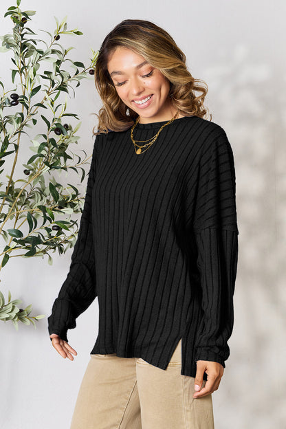 Basic Bae Full Size Ribbed Round Neck Slit Knit Top - UrbanEthereal