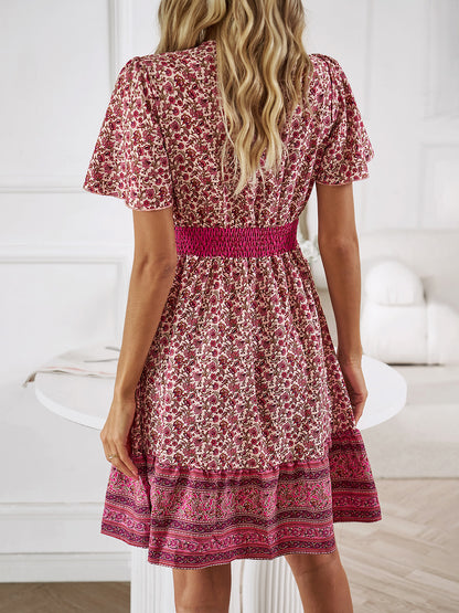 Floral Smocked Waist Short Sleeve Mini Dress - UrbanEthereal