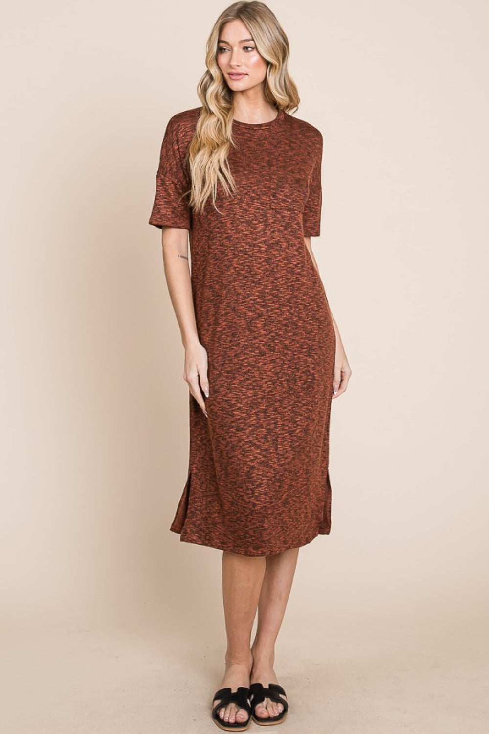 BOMBOM Round Neck Side Slit Midi Dress - UrbanEthereal
