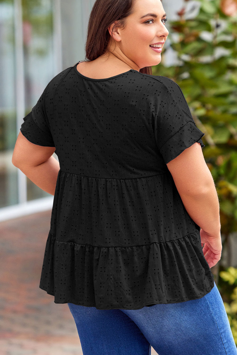 Plus Size Eyelet Round Neck Short Sleeve Blouse - UrbanEthereal