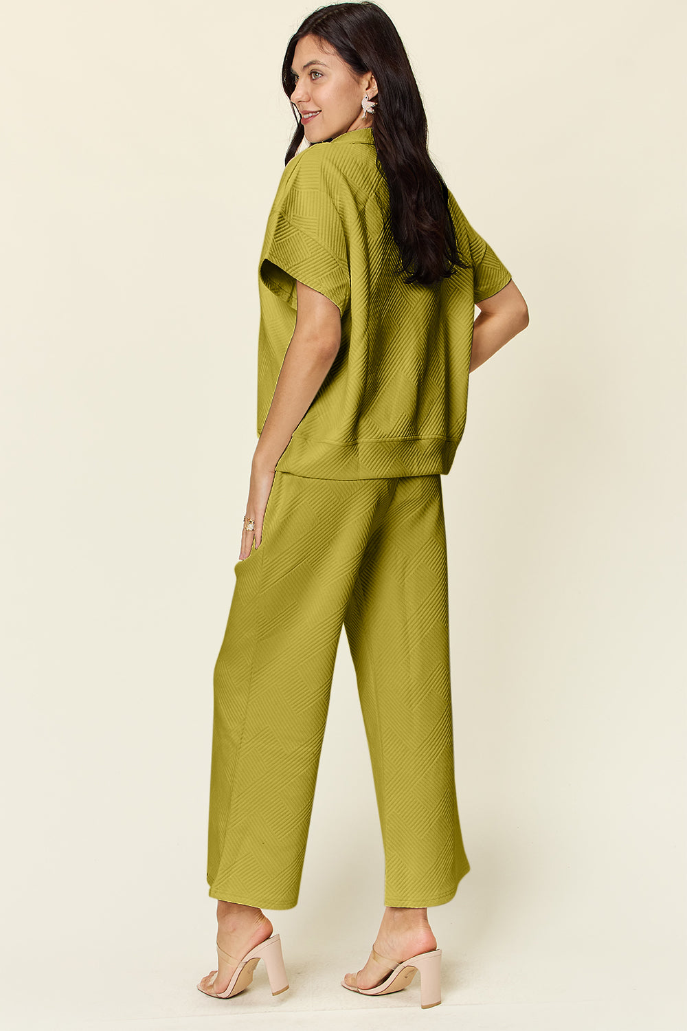Double Take Full Size Texture Half Zip Short Sleeve Top and Pants Set - UrbanEthereal