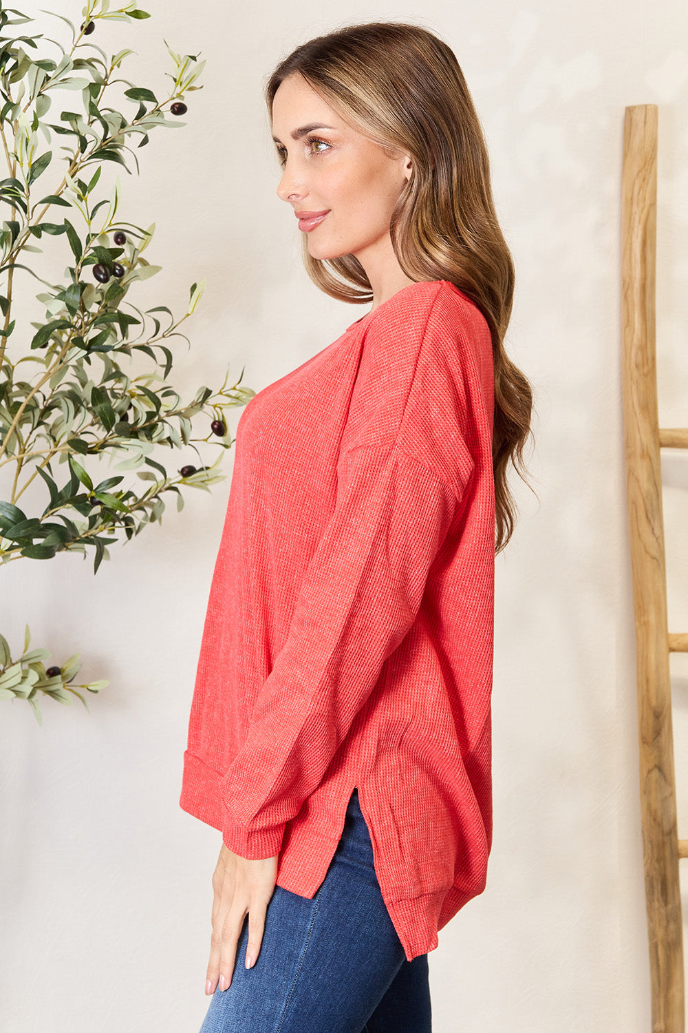 Basic Bae Round Neck Drop Shoulder Slit Sweatshirt - UrbanEthereal