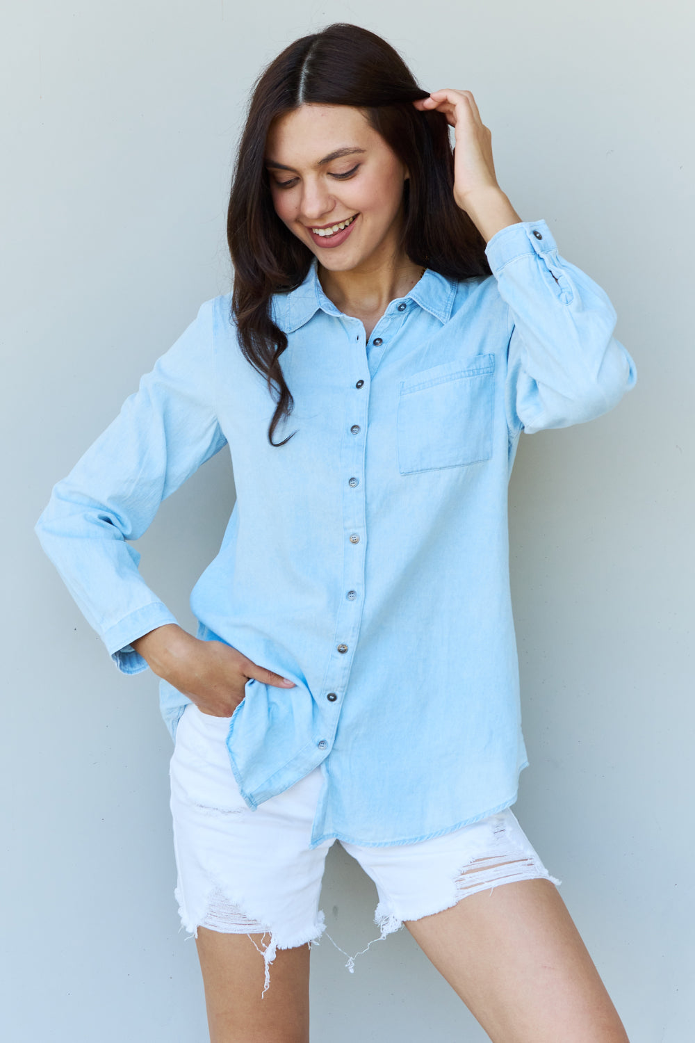 Doublju Blue Jean Baby Denim Button Down Shirt Top in Light Blue - UrbanEthereal