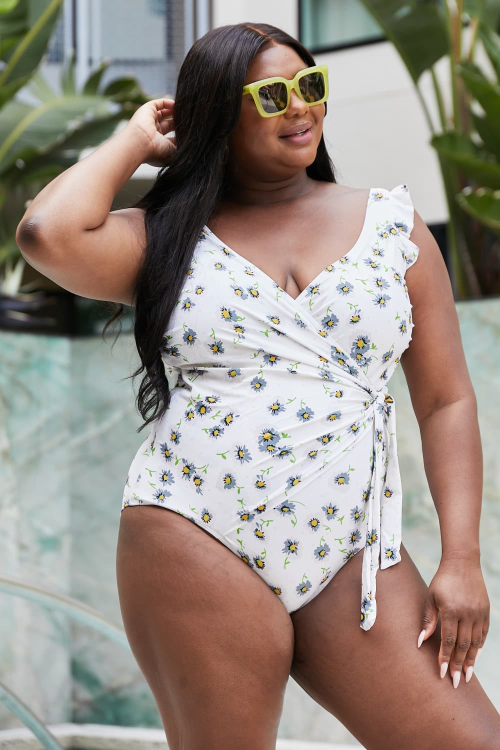 Marina West Swim Float On Ruffle Faux Wrap One-Piece in Daisy Cream - UrbanEthereal