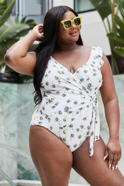 Marina West Swim Float On Ruffle Faux Wrap One-Piece in Daisy Cream - UrbanEthereal
