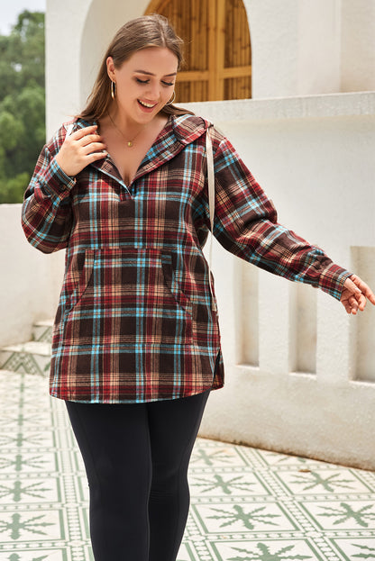 Plus Size Drawstring Plaid Quarter Button Hoodie - UrbanEthereal