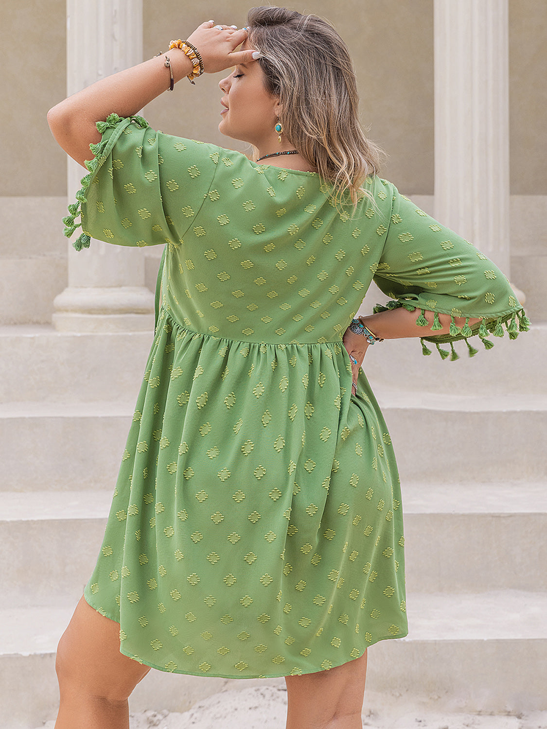 Plus Size Tied Tassel Half Sleeve Mini Dress - UrbanEthereal