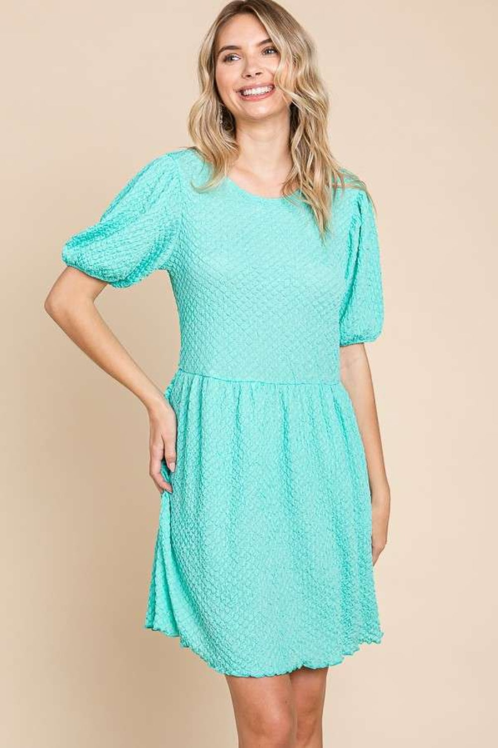 Culture Code Full Size Textured Round Neck Puff Sleeve Dress - UrbanEthereal