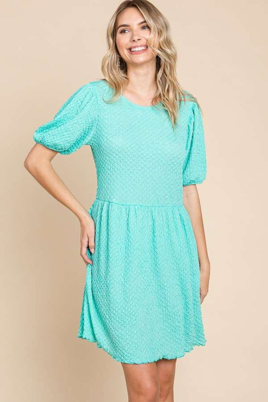 Culture Code Full Size Textured Round Neck Puff Sleeve Dress - UrbanEthereal