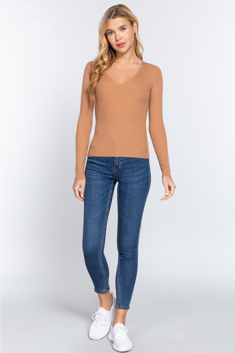 ACTIVE BASIC V-Neck Fitted Viscose Rib Knit Top - UrbanEthereal