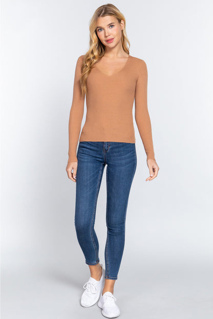 ACTIVE BASIC V-Neck Fitted Viscose Rib Knit Top - UrbanEthereal