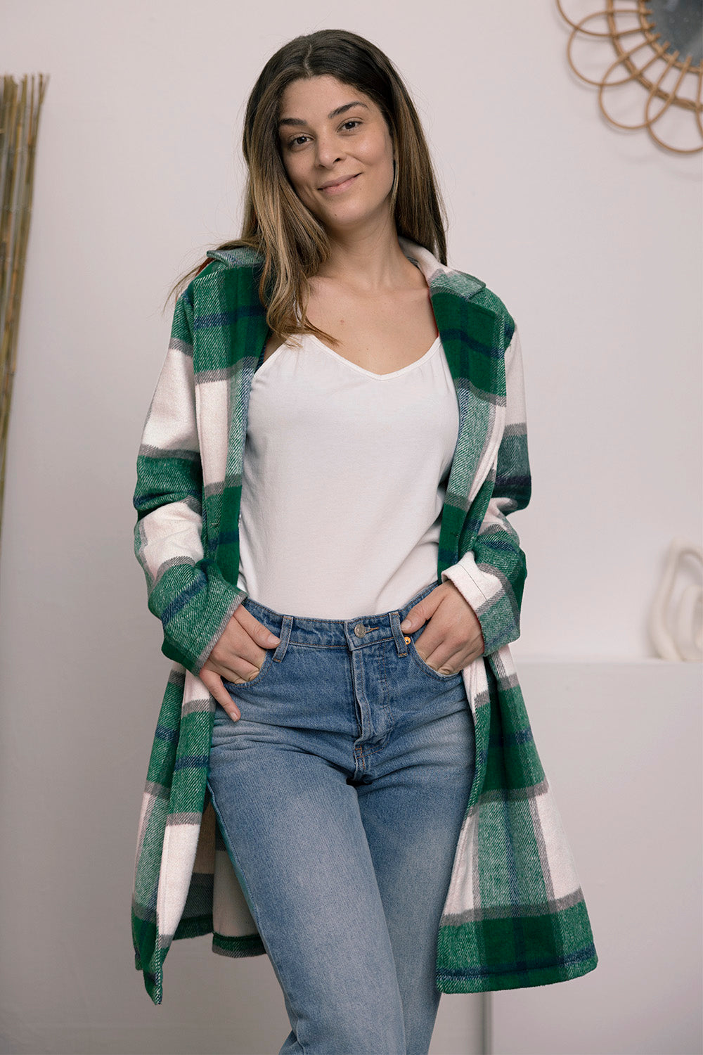 Double Take Full Size Plaid Button Up Lapel Collar Coat - UrbanEthereal