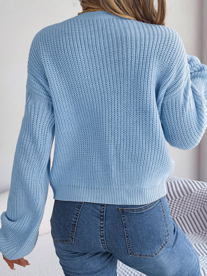 Cable-Knit Round Neck Drop Shoulder Sweater