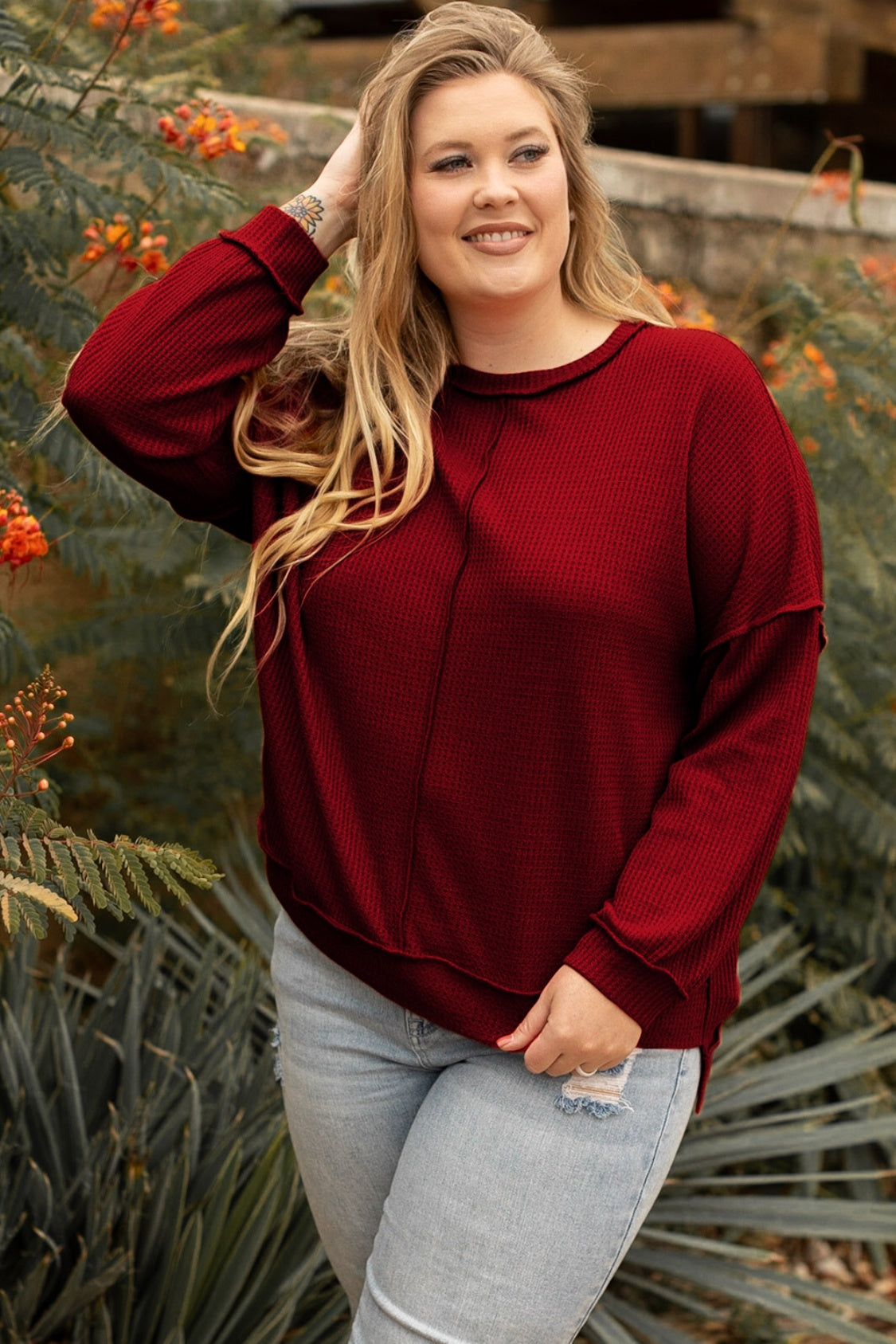 Plus Size Exposed Seam Waffle-Knit High-Low Sweatshirt - UrbanEthereal