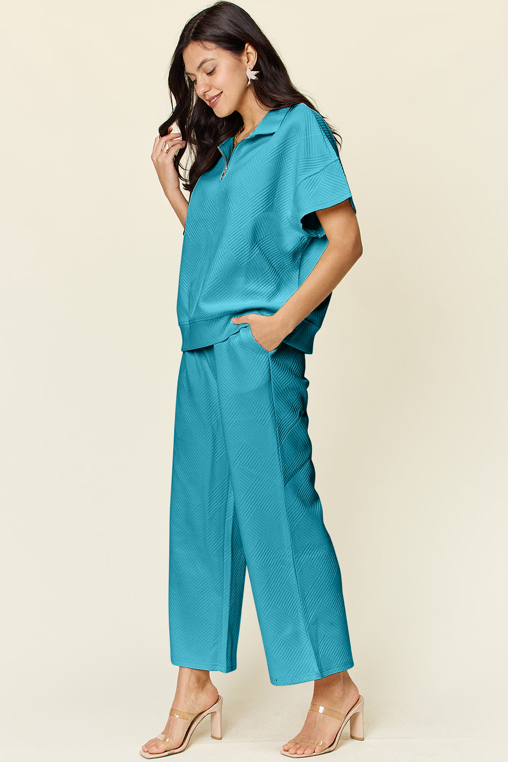 Double Take Full Size Texture Half Zip Short Sleeve Top and Pants Set - UrbanEthereal