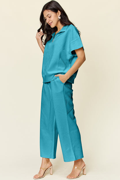 Double Take Full Size Texture Half Zip Short Sleeve Top and Pants Set - UrbanEthereal