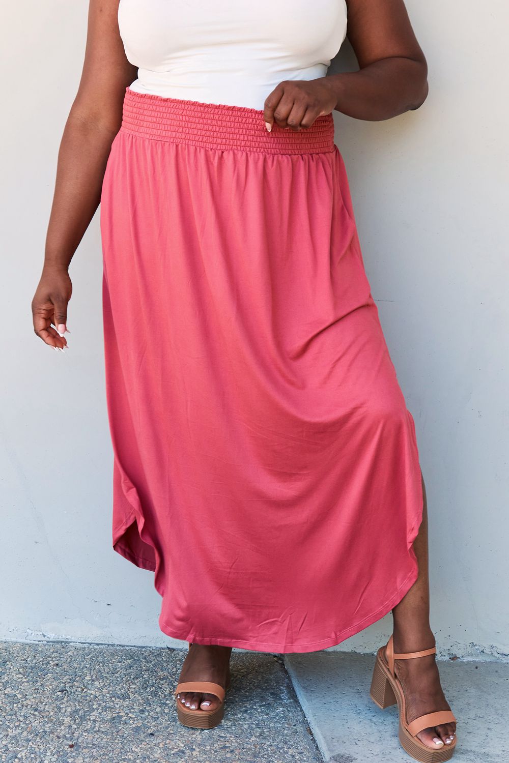 Doublju Comfort Princess Full Size High Waist Scoop Hem Maxi Skirt - UrbanEthereal