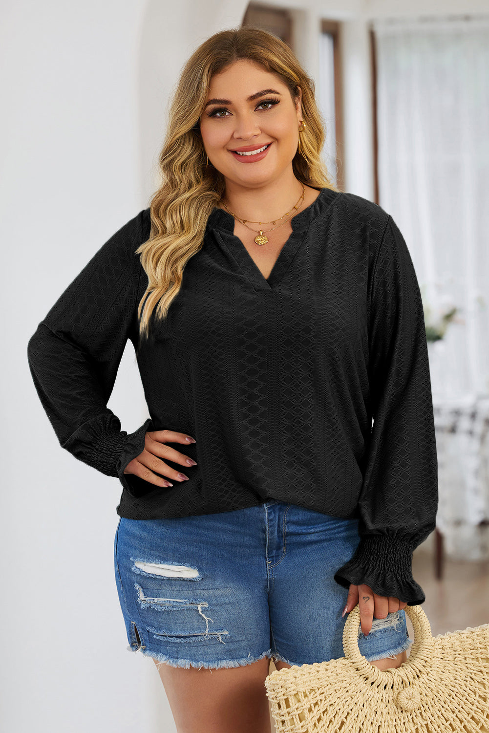 Plus Size Eyelet Notched Flounce Sleeve Blouse - UrbanEthereal