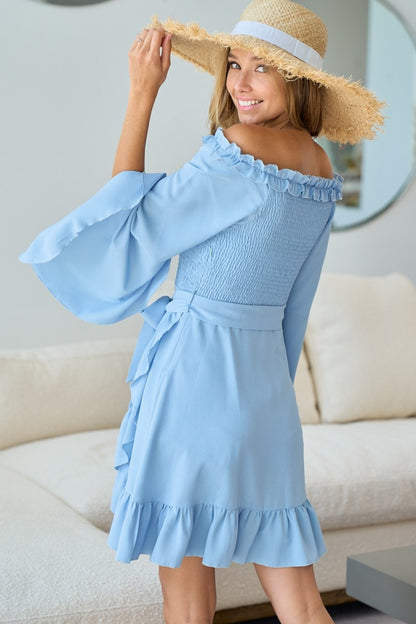 BiBi Smocked Ruffled Front Tie Mini Dress - UrbanEthereal