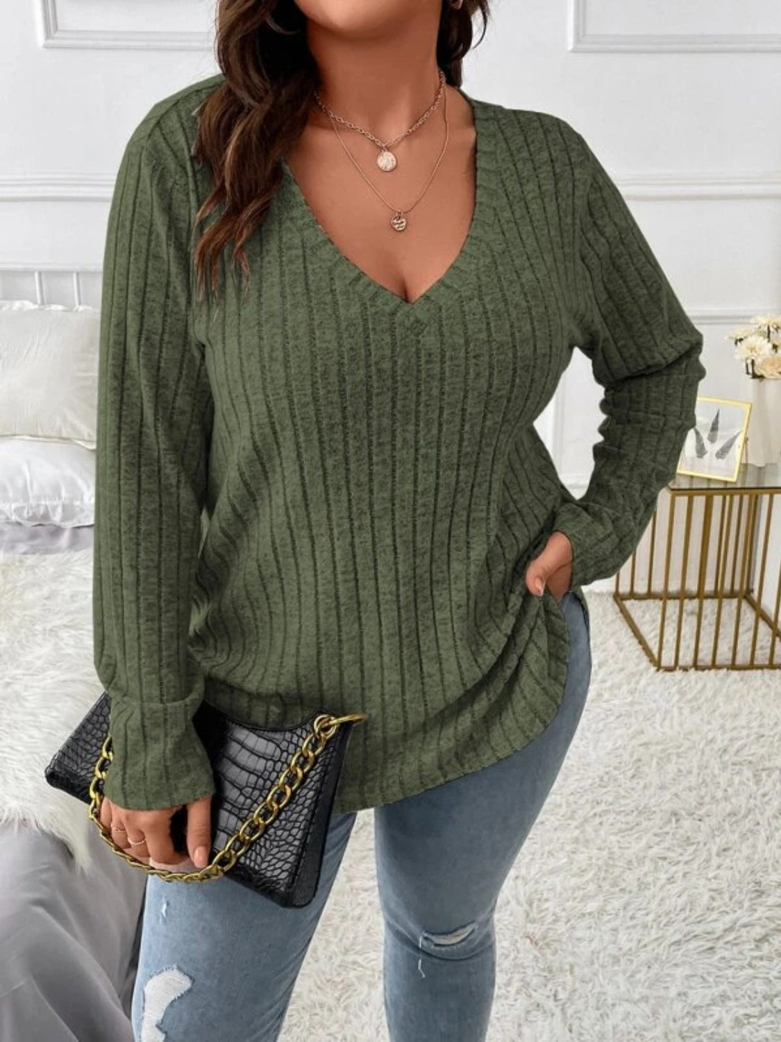 Plus Size V-Neck Long Sleeve T-Shirt - UrbanEthereal