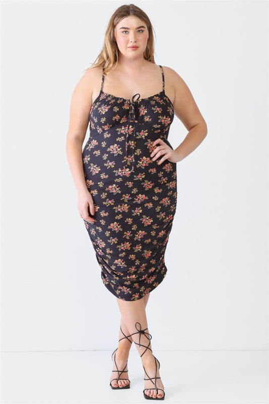 Blue Leopard Plus Size Ruched Floral Square Neck Cami Dress - UrbanEthereal