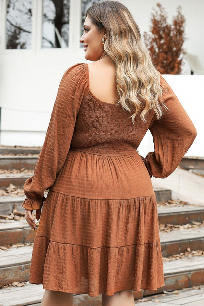 Plus Size Smocked Square Neck Tiered Dress - UrbanEthereal