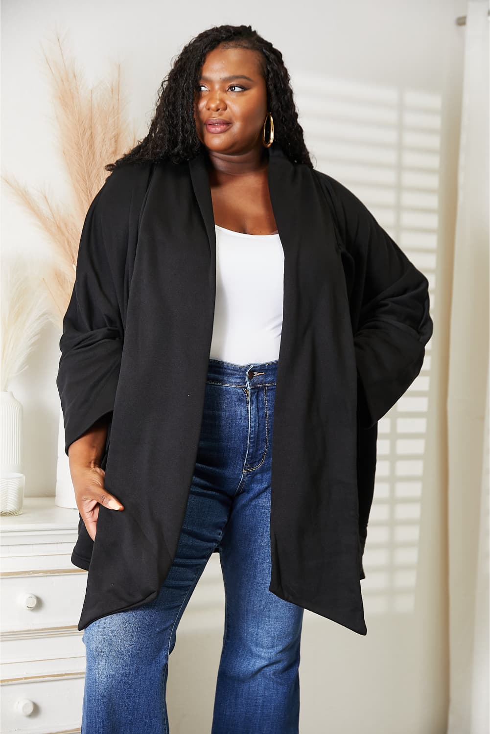 HEYSON Full Size Open Front Cardigan with Scarf Design - UrbanEthereal