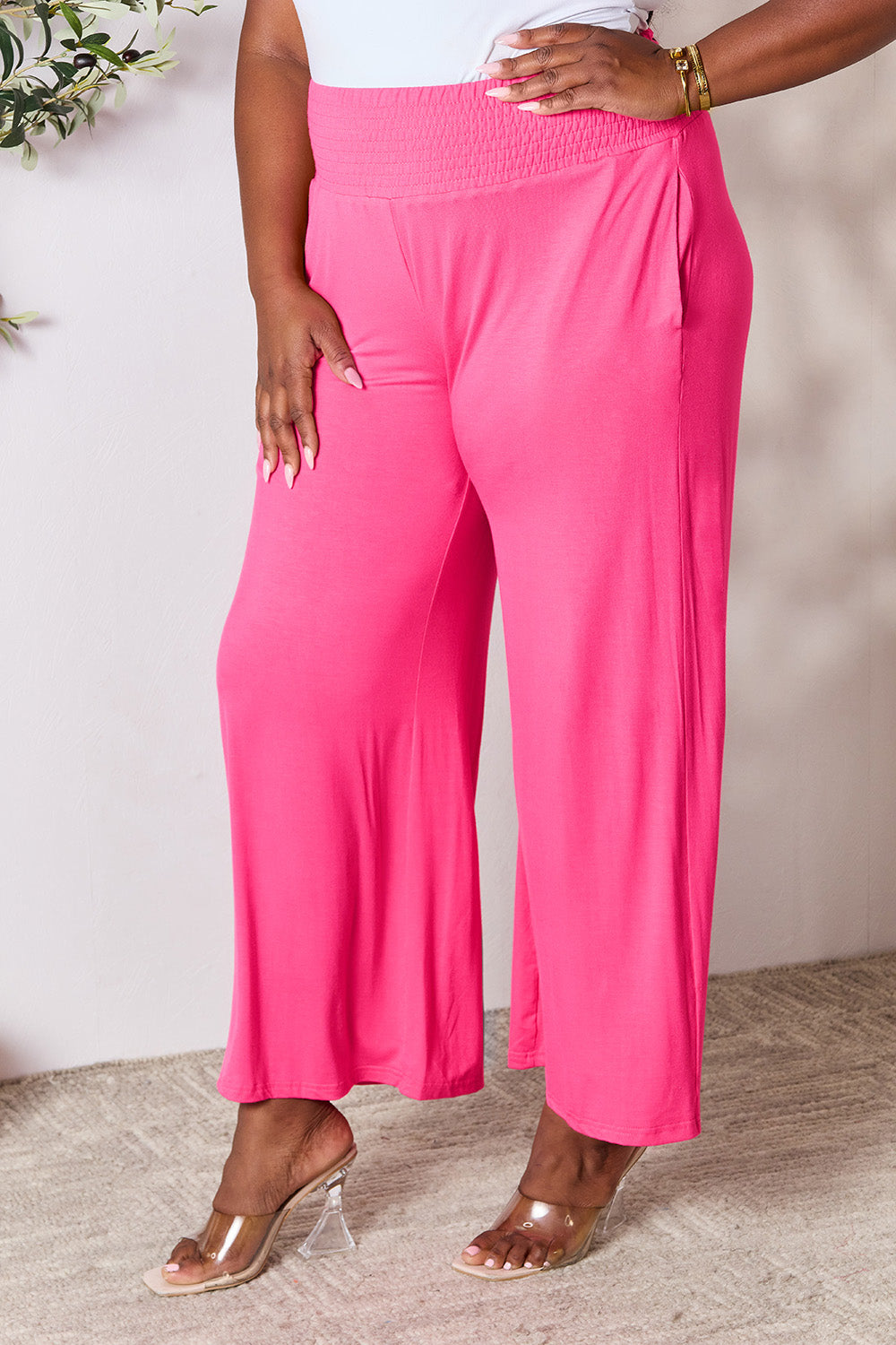 Double Take Full Size Smocked Wide Waistband Wide Leg Pants - UrbanEthereal