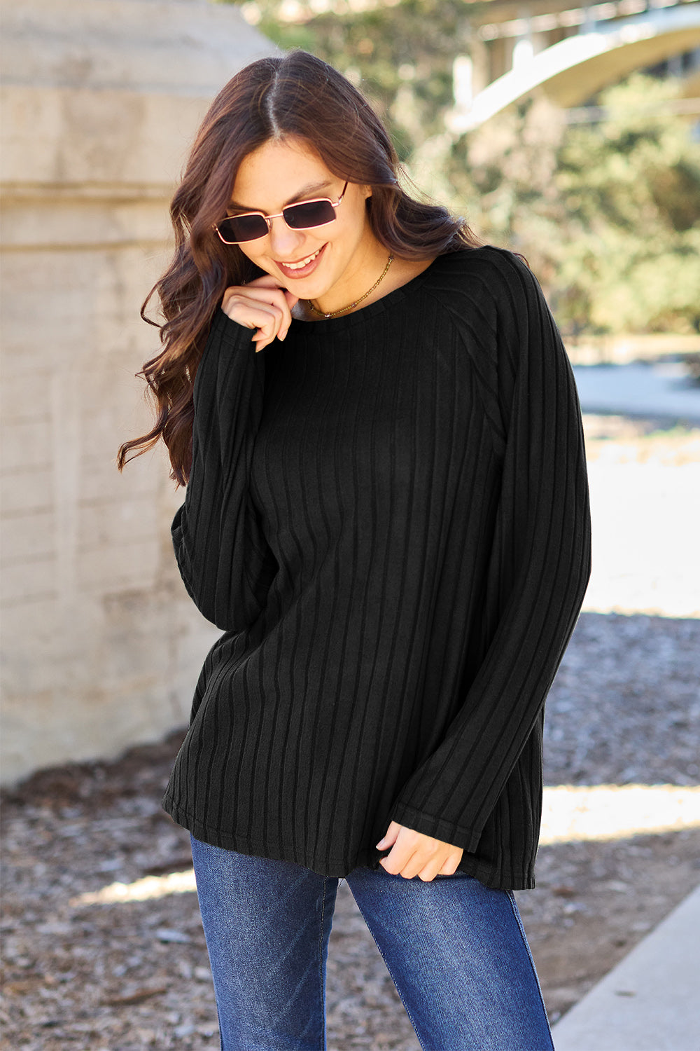 Basic Bae Full Size Ribbed Round Neck Long Sleeve Knit Top - UrbanEthereal