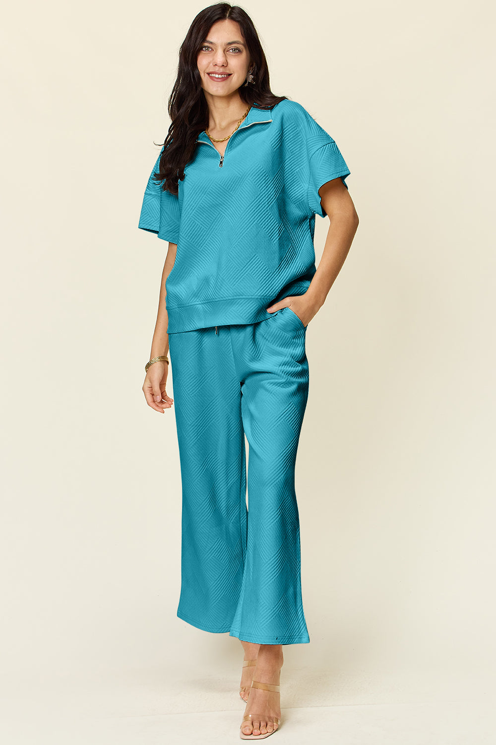 Double Take Full Size Texture Half Zip Short Sleeve Top and Pants Set - UrbanEthereal