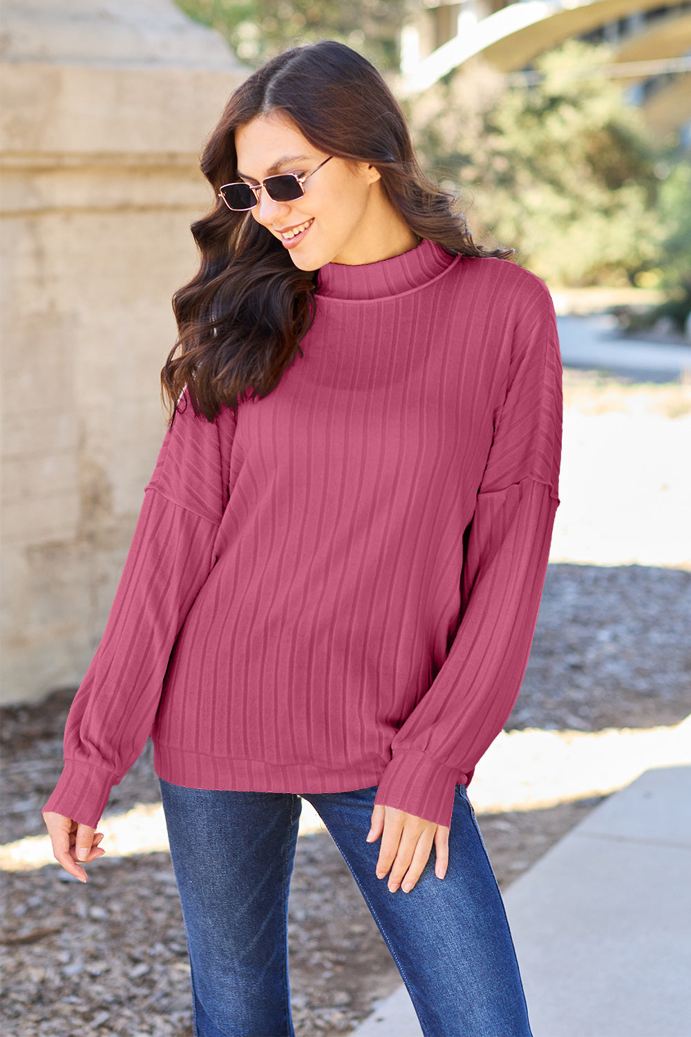 Basic Bae Full Size Ribbed Exposed Seam Mock Neck Knit Top - UrbanEthereal