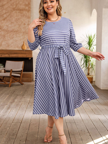 Plus Size Round Neck Striped Tie Waist Dress