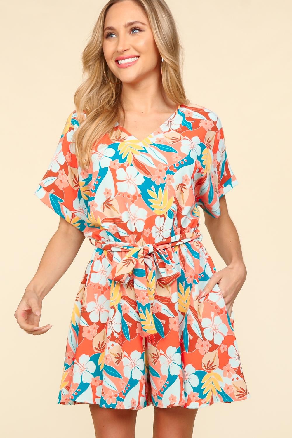 Haptics Tropical Floral Short Sleeve Tied Romper - UrbanEthereal